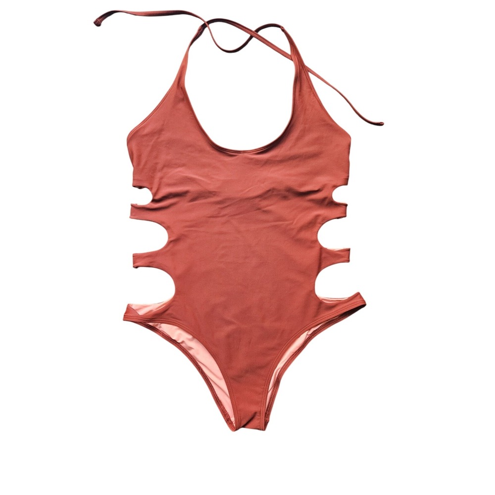Aerie Women XL Terracotta Rust Cut Out Halter One Piece Swimsuit Scoop Neck